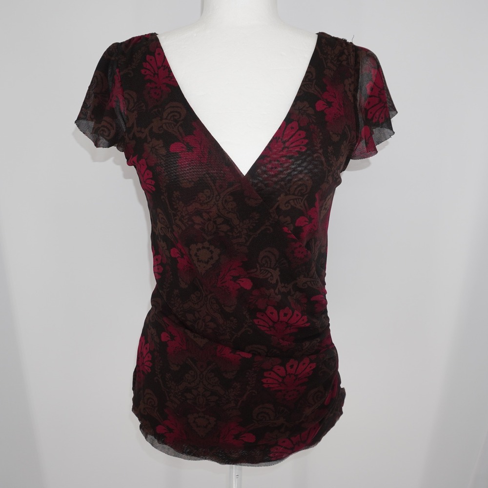 Vintage Express Y2K Mesh Top Red Brown Floral Damask Faux Wrap Ruched 2000s M